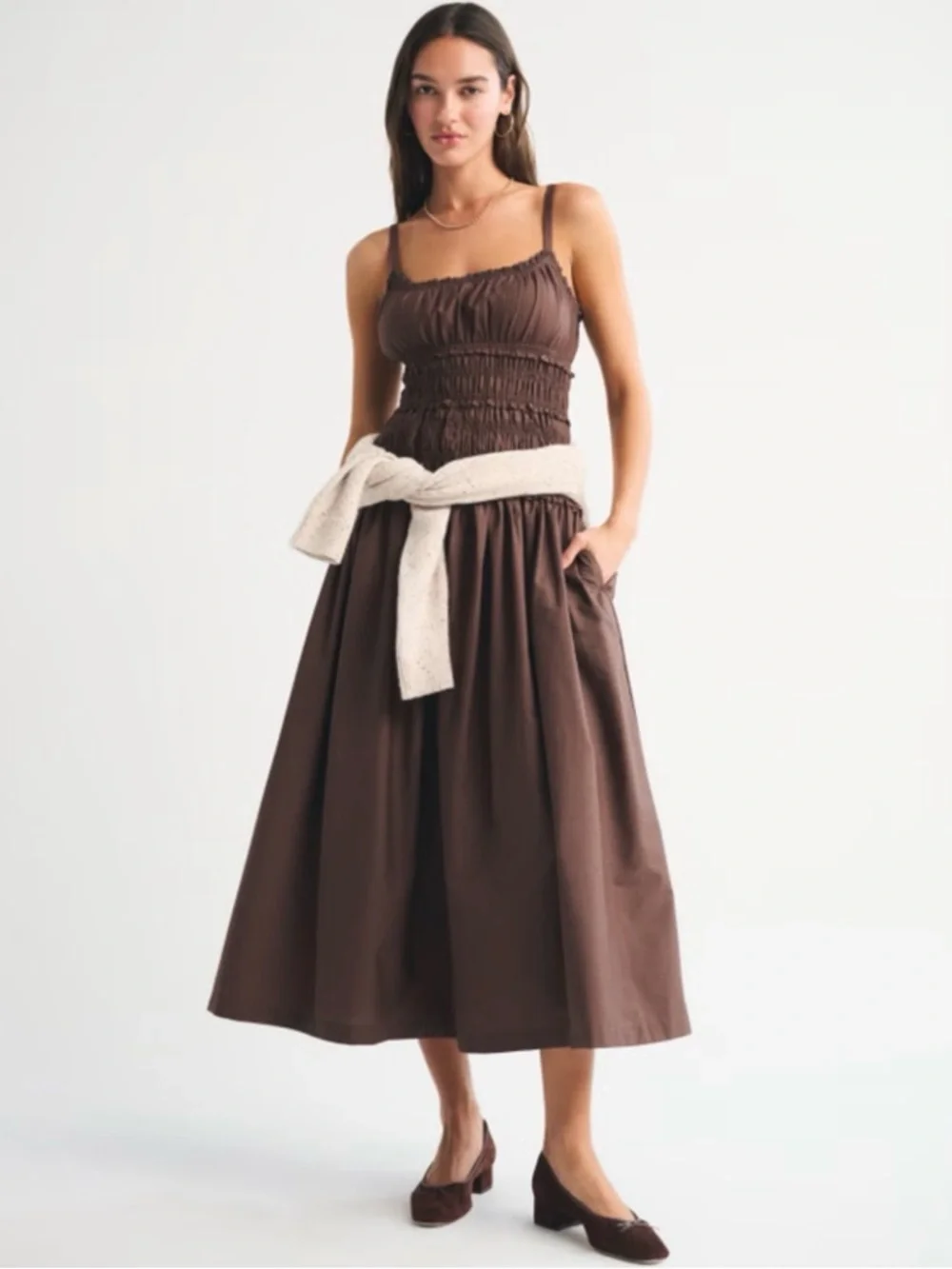 NWT Abercrombie & Fitch Brown Bra-Free Smocked Drop-Waist Maxi Dress